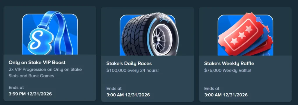 Banners for Stake VIP Boost, Daily Races, and Weekly Raffle promotions, highlighting current player bonuses and events.