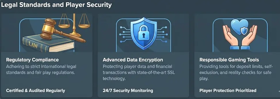 Information on regulatory compliance, encryption, and responsible gaming for player safety.