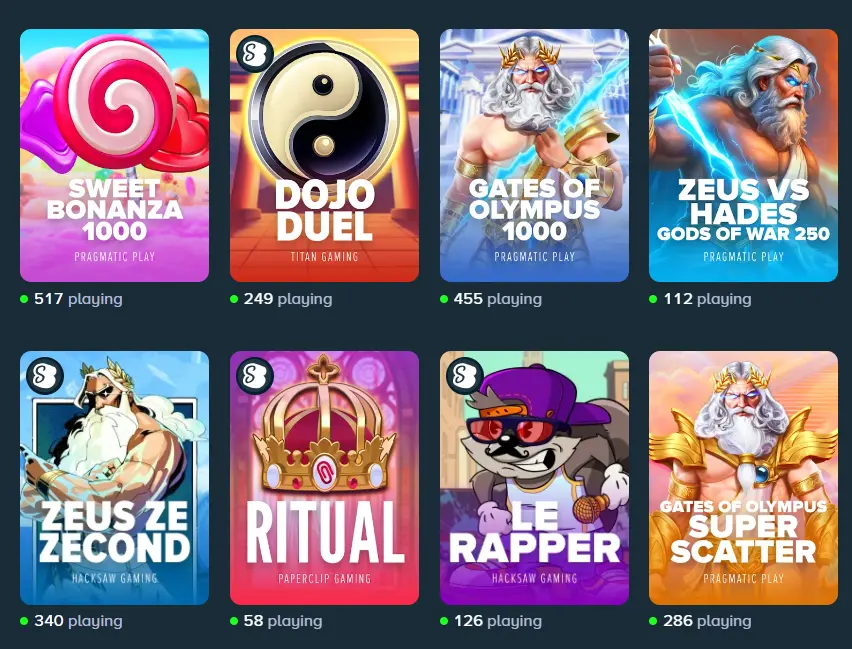 Grid of popular casino slot games with live player counts, highlighting trending options.