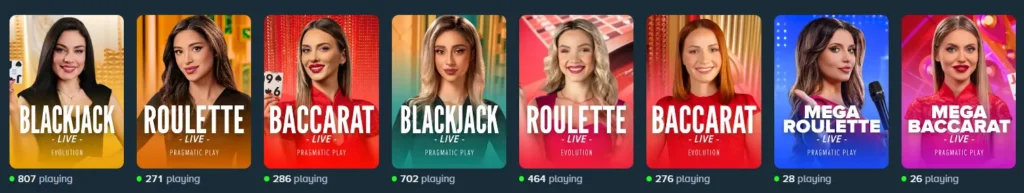 Live dealer game tiles for Blackjack, Roulette, and Baccarat, showing current player numbers.