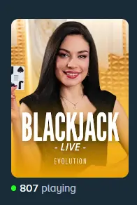 Live Blackjack game tile with a dealer and 807 active players, showing a popular live casino choice.