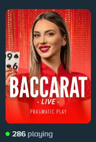 Live Baccarat game tile with a dealer and 286 players, highlighting a popular live casino choice.