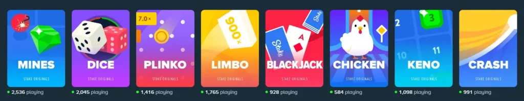 Stake Originals game tiles including Mines, Dice, Plinko, showing current player numbers.