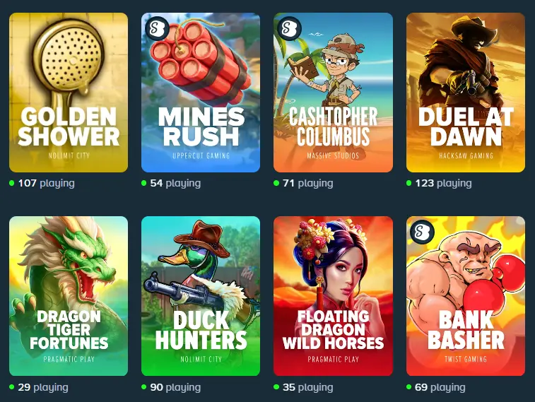 Popular casino slot games grid showing titles, providers, and current live player counts.
