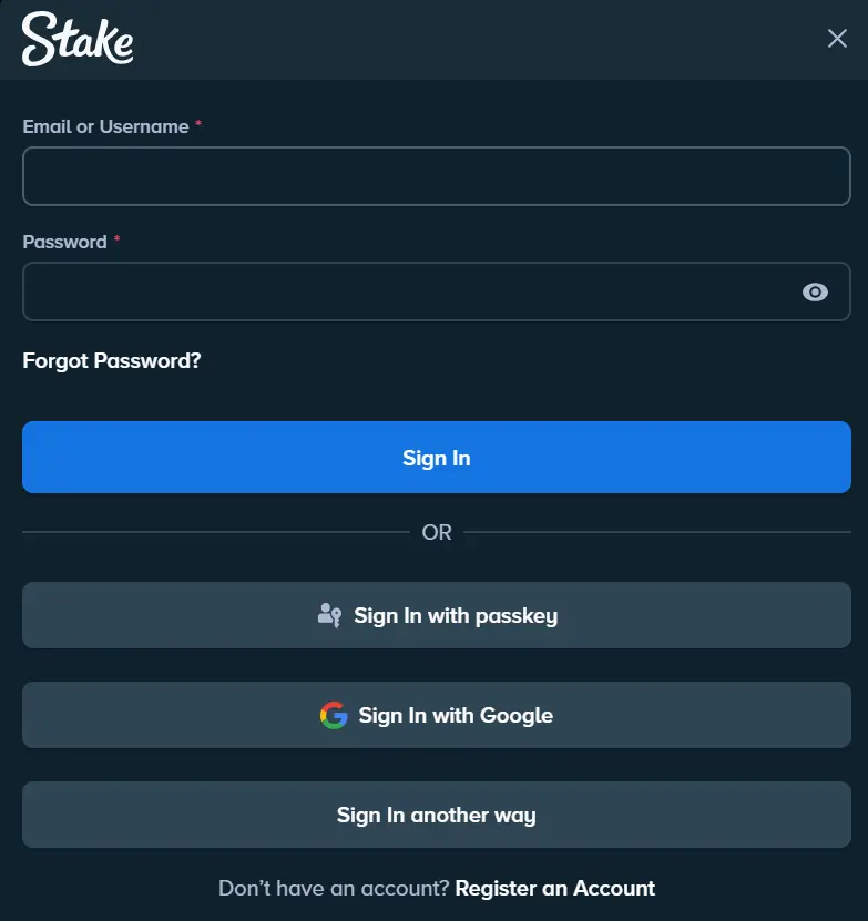 Stake Casino login form showing username/password fields and alternative sign-in options.