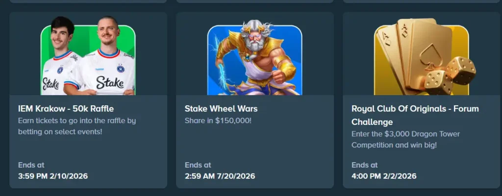 Stake account benefits banner showcasing rewards, races, and security for player information.