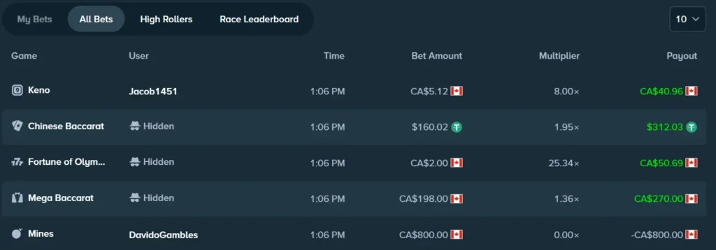 Stake bet history table showing live game payouts to demonstrate real-time winning opportunities.