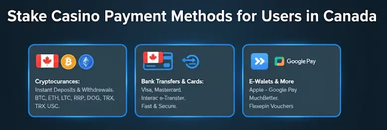 Stake casino payment methods banner for Canada featuring crypto, bank cards, and e-wallets.