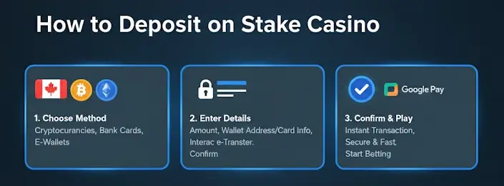 Step-by-step guide on how to deposit on Stake Casino featuring method selection and confirmation.