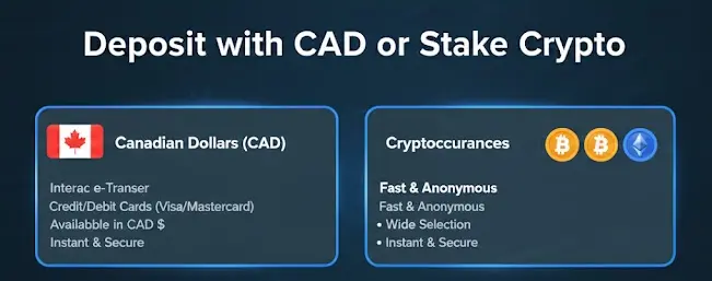 Stake casino deposit options banner showing Canadian Dollars and various cryptocurrencies.