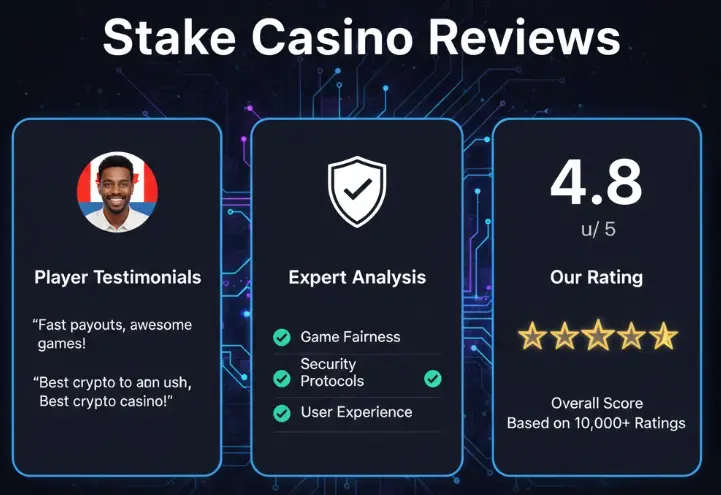 Stake Casino reviews banner showing player testimonials and a 4.8 rating to build user trust.