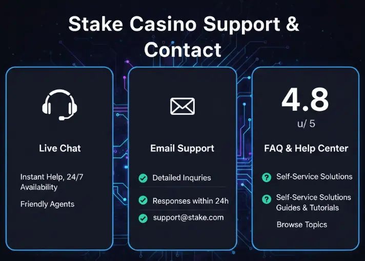 Stake support banner displaying live chat and email options to highlight user assistance channels.