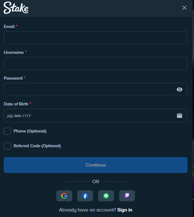 Stake registration form requiring user details to create an account for online gambling.