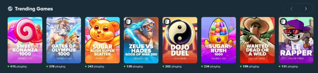 Trending games at Stake Casino, showcasing popular slots and current player counts.