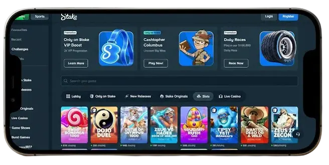 Mobile phone displaying the Stake casino interface horizontally to show its mobile compatibility.