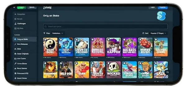 Stake mobile interface on a horizontal smartphone showing games for mobile play availability.