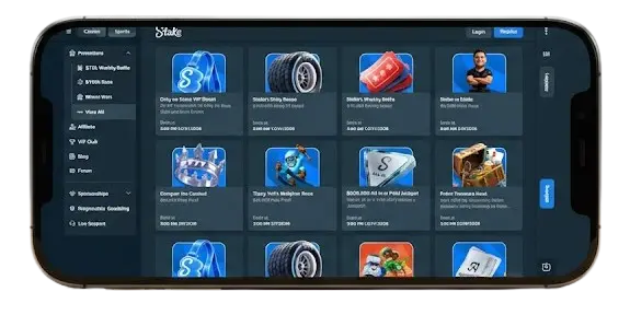 Stake mobile site on a horizontal smartphone displaying various casino promotions and bonuses.