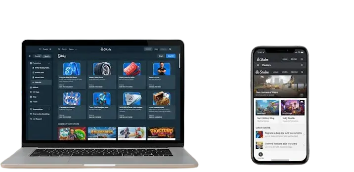 Laptop and smartphone showing Stake casino interfaces to compare desktop and mobile experiences.