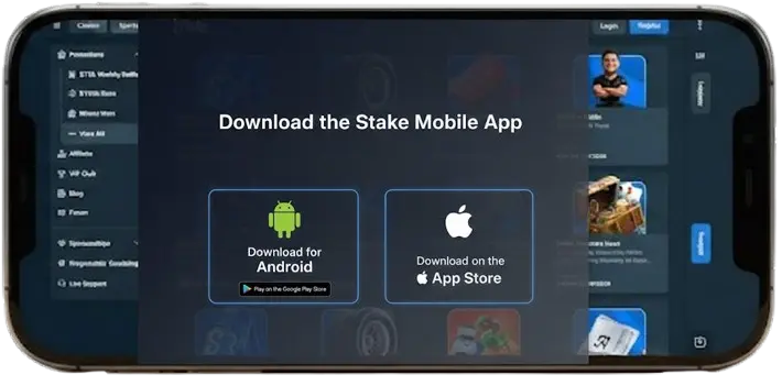 Mobile interface showing Stake app download options for Android and iOS on a smartphone screen.